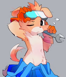 Size: 1900x2200 | Tagged: safe, artist:bakeneko, canid, dog, mammal, anthro, boy, cub, male, solo boy, solo cub, solo male, young, blushing, clothing, coveralls, fur, goggles, goggles on head, kemono, kemoshota, looking at you, low-riding, navel, one eye closed, overalls, solo, sweat, tan fur, tool, topless, white fur, wrench