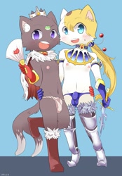 Size: 837x1200 | Tagged: suggestive, artist:gaku, cat, felid, mammal, anthro, anthro/anthro, boy, boy/boy, boys only, cub, cub/cub, cubs only, male, male/male, males only, young, young/young, blonde hair, bulge, crown, cuddling, duo, fundoshi, hair, kemono, kemoshota, long hair, looking at you, nipples, royalty, sword, weapon