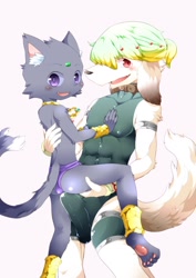 Size: 1060x1500 | Tagged: suggestive, artist:gaku, canid, cat, dog, felid, mammal, adult, adult/cub, adult/young, anthro, anthro/anthro, boy, cub, male, male/male, males only, man, man/boy, young, age difference, black fur, blonde hair, blushing, clothing, collar, cuddling, duo, erection, erection under clothing, fur, hair, kemono, kemoshota, looking at you, spandex, tail, topless, white fur