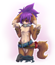 Size: 709x839 | Tagged: safe, artist:rrtt, ambiguous species, anthro, boy, boy focus, cub, cub focus, male, solo boy, solo cub, solo male, young, belt, brown fur, collar, disembodied hand, fur, kemono, kemoshota, navel, solo, solo focus, tail, tan fur, undressing, undressing partner, young focus