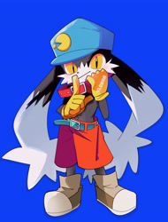 Size: 3712x4877 | Tagged: safe, artist:user_kyap5272, klonoa, cat, felid, hybrid, lagomorph, mammal, rabbit, anthro, boy, cub, male, solo boy, solo cub, solo male, young, klonoa series, black fur, fur, kemono, kemoshota, long ears, solo, white fur