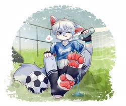 Size: 2048x1732 | Tagged: artist needed, suggestive, oc:coke (colawolf7), canid, mammal, wolf, anthro, boy, cub, male, solo boy, solo cub, solo male, young, blushing, clothing, erection, erection under clothing, kemono, kemoshota, outdoors, pawpads, soccer ball, socks, socks without shoes, solo, spats, sports uniform, toe claws, water, wet, winking