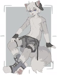 Size: 1570x2048 | Tagged: artist needed, safe, oc:coke (colawolf7), canid, mammal, wolf, anthro, boy, cub, male, slender, solo boy, solo male, solo teen, teen, twink, young, limited palette, ball cap, clothing, featureless chest, hat, kemono, kemoshota, solo, topless