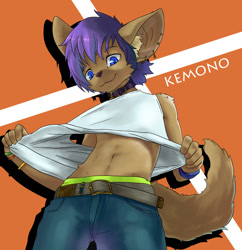 Size: 900x929 | Tagged: safe, artist:rrtt, canid, mammal, anthro, boy, cub, male, solo boy, solo cub, solo male, young, blue eyes, brown fur, collar, fur, kemono, kemoshota, smiling, solo, tail, undressing, undressing self