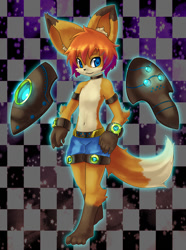 Size: 654x880 | Tagged: safe, artist:rrtt, canid, fox, mammal, red fox, anthro, boy, cub, male, plantigrade, solo boy, solo cub, solo male, young, black fur, blue eyes, clothing, collar, dipstick tail, featureless chest, fur, hair, kemono, kemoshota, looking at you, navel, orange fur, sci-fi, shorts, smiling, smiling at you, solo, tail, topless, white fur