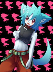 Size: 550x750 | Tagged: safe, artist:rrtt, canid, dog, mammal, anthro, boy, cub, male, solo boy, solo cub, solo male, young, big ears, blushing, cyan fur, fur, kemono, kemoshota, looking at you, navel, smiling, smiling at you, solo, tail, white fur