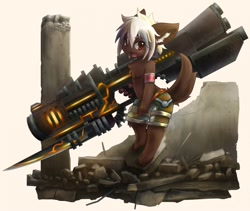 Size: 1280x1080 | Tagged: safe, artist:rrtt, canid, mammal, anthro, boy, cub, male, solo boy, solo cub, solo male, young, brown eyes, brown fur, clothing, fur, gun, hair, kemono, kemoshota, looking at you, raised tail, sci-fi, shorts, smiling, smiling at you, solo, tail, topless, weapon