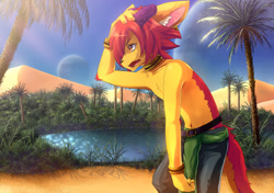 Size: 853x600 | Tagged: safe, artist:rrtt, dragon, furred dragon, mythological creature, anthro, boy, cub, male, solo boy, solo cub, solo male, young, clothing, earring, fur, hair, horn, navel, open mouth, piercing, red fur, solo, tan fur, topless