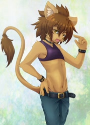 Size: 919x1280 | Tagged: safe, artist:rrtt, big cat, felid, lion, mammal, anthro, boy, cub, femboy, male, solo boy, solo cub, solo male, young, belly, brown eyes, fur, kemono, kemoshota, looking at you, navel, solo, tail, tan fur, tank top, thong, underwear