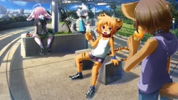Size: 1280x720 | Tagged: safe, artist:rrtt, big cat, canid, felid, feline, lagomorph, mammal, rabbit, snow leopard, tiger, anthro, boy, boys only, cub, cubs only, male, males only, young, daytime, kemono, kemoshota, outdoors, stripes