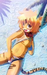 Size: 509x800 | Tagged: suggestive, artist:rrtt, big cat, felid, mammal, tiger, anthro, boy, cub, male, solo boy, solo cub, solo male, young, blushing, brown eyes, clothing, collar, fur, groping self, hair, kemono, kemoshota, lying, on back, orange fur, partially submerged, solo, speedo, stripes, swimsuit, undressing, undressing self, water