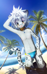 Size: 509x800 | Tagged: safe, artist:rrtt, big cat, felid, feline, mammal, snow leopard, anthro, boy, cub, male, slender, solo boy, solo male, solo teen, teen, twink, young, amber eyes, beach, black fur, bulge, clothing, collar, fur, jewelry, kemono, kemoshota, looking at you, necklace, nipples, open mouth, smiling, solo, swimsuit, tail, topless, white fur