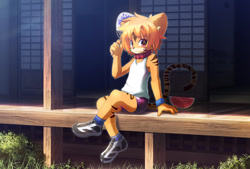 Size: 1186x800 | Tagged: safe, artist:rrtt, big cat, felid, mammal, tiger, anthro, boy, cub, male, plantigrade, solo boy, solo cub, solo male, young, black fur, daytime, fur, kemono, kemoshota, looking at you, orange fur, outdoors, shoes, sneakers, socks, solo, stripes, tank top