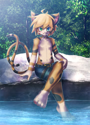 Size: 518x720 | Tagged: safe, artist:rrtt, oc:shu (rrtt), cat, felid, mammal, anthro, boy, cub, male, plantigrade, solo boy, solo cub, solo male, young, photo background, blonde hair, collar, daytime, hair, licking lips, looking at you, multiple tails, navel, nipples, outdoors, smiling, smiling at you, solo