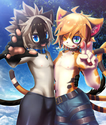 Size: 809x950 | Tagged: safe, artist:rrtt, oc:len (rrtt), oc:shu (rrtt), calico, cat, felid, feline, mammal, siamese, anthro, anthro/anthro, boy, boy/boy, boys only, cub, cub/cub, cubs only, male, male/male, males only, young, young/young, black fur, blep, blue eyes, clothing, collar, fur, gray fur, gray hair, green eyes, kemono, kemoshota, looking at you, navel, nipples, open mouth, orange fur, outdoors, tongue out, topless, whiskers, white fur, winking