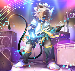 Size: 905x850 | Tagged: safe, artist:rrtt, oc:len (rrtt), cat, felid, mammal, siamese, anthro, boy, cub, male, plantigrade, solo boy, solo male, young, black fur, blue eyes, fur, gray hair, kemono, kemoshota, keytar, music, musical instrument, performing, solo, tail, tan fur, whiskers