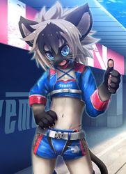 Size: 687x950 | Tagged: safe, artist:rrtt, oc:len (rrtt), cat, felid, mammal, siamese, anthro, boy, cub, male, solo boy, solo cub, solo male, young, belly, clothing, gesture, jacket, kemono, kemoshota, looking at you, navel, skimpy outfit, smiling, solo, thong, thumbs up, underwear