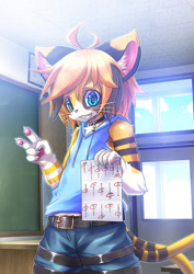 Size: 566x800 | Tagged: safe, artist:rrtt, oc:shu (rrtt), calico, cat, feline, anthro, boy, cub, male, solo boy, solo cub, solo male, young, classroom, clothing, hoodie, kemono, kemoshota, multiple tails, pawpads, school, smiling, solo