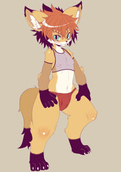 Size: 902x1280 | Tagged: safe, artist:rrtt, canid, fox, mammal, red fox, anthro, boy, cub, male, solo boy, solo cub, solo male, young, black fur, clothing, cyan eyes, dipstick tail, fishnet, fishnet armwear, fishnet clothing, fishnet tank top, fundoshi, fur, hair, looking at you, navel, nipples, orange fur, see-through, skimpy outfit, smiling, solo, tail