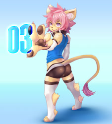 Size: 1120x1240 | Tagged: safe, artist:rrtt, big cat, felid, lion, mammal, anthro, boy, cub, male, solo boy, solo cub, solo male, young, claws, collar, fur, kemono, kemoshota, pawpads, pink eyes, smiling, solo, tan fur