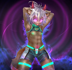 Size: 1200x1164 | Tagged: suggestive, artist:rrtt, canid, demon, mammal, mythological creature, boy, cub, male, slender, solo boy, solo male, solo teen, teen, twink, young, bulge, clothing, hypnosis, kemono, kemoshota, latex, nipple piercing, nipples, skimpy outfit, solo, spats, tail, v lines, womb tattoo