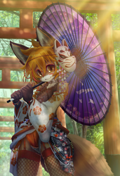 Size: 700x1024 | Tagged: suggestive, artist:rrtt, canid, fox, mammal, red fox, anthro, boy, cub, male, solo boy, solo cub, solo male, young, black fur, brown eyes, brown fur, clothing, detailed bulge, fur, holding umbrella, kemono, kemoshota, kimono, kitsune mask, looking at you, mask on head, smiling, smiling at you, solo, umbrella