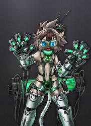 Size: 868x1200 | Tagged: safe, artist:rrtt, oc:len (rrtt), anthro, boy, cub, male, solo boy, solo cub, solo male, young, blue eyes, clothing, collar, cybernetic, fang, fur, open mouth, skimpy outfit, smiling, solo, tail, tan fur, tan hair, teeth, visor