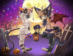 Size: 1167x900 | Tagged: safe, artist:rrtt, oc:len (rrtt), oc:shu (rrtt), boy, boys only, cub, cubs only, male, males only, young, halloween, bulge, clothing, duo, fake tail, fur, halloween costume, kemono, kemoshota, mummy costume, orange fur, skimpy outfit, tan fur, vampire costume, white fur