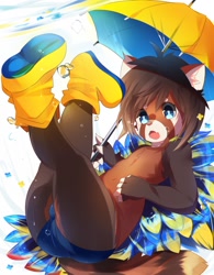 Size: 996x1280 | Tagged: safe, artist:nekojita kagu, ailurid, mammal, red panda, anthro, boy, cub, male, solo boy, solo cub, solo male, young, blue eyes, boots, bulge, clothing, holding umbrella, kemono, kemoshota, open mouth, raining, red fur, shoes, solo, tail, topless, umbrella