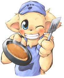 Size: 552x667 | Tagged: safe, artist:nekouri, cat, felid, mammal, anthro, boy, cub, male, solo boy, solo cub, solo male, young, apron, blue eyes, blushing, clothing, cooking, cookware, food, frying pan, fur, happy, hat, holding utensil, kemono, kemoshota, kitchen utensils, looking at you, offering food, one eye closed, pancake, smiling, solo, spatula, teeth, winking