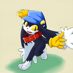 Size: 1000x1000 | Tagged: safe, artist:sanaki, klonoa, cat, felid, hybrid, lagomorph, mammal, rabbit, anthro, boy, chibi, cub, male, solo boy, solo cub, solo male, young, klonoa series, ai enhanced, big collar, black fur, collar, fur, gloves, hat, kemono, kemoshota, long ears, nudity, solo, white fur