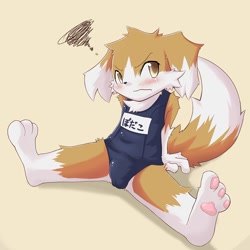 Size: 750x750 | Tagged: safe, artist:sanaki, canid, dog, mammal, boy, chibi, cub, male, solo boy, solo cub, solo male, young, amber eyes, anger, bulge, clothing, kemono, kemoshota, open legs, solo, sukumizu, swimsuit