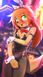 Size: 680x1200 | Tagged: safe, artist:itamesi gohan, canid, dog, mammal, boy, cub, male, solo boy, solo cub, solo male, young, blushing, bunny costume, embarrassed, fur, green eyes, hair, kemono, kemoshota, latex, long hair, solo, stockings, tail, tan fur