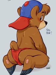 Size: 1482x1987 | Tagged: safe, artist:dandi, kit cloudkicker, bear, mammal, ursine, boy, cub, male, solo boy, solo cub, solo male, young, disney, talespin, ball cap, bikini, briefs, brown fur, butt, clothing, hat, looking back, nudity, paws, solo, swimsuit, topless, underwear