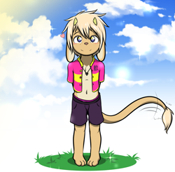 Size: 2971x2929 | Tagged: safe, artist:khaimera, oc:jun (khaimera), chimera, mythological creature, boy, cub, male, solo boy, solo cub, solo male, young, blue eyes, blushing, open shirt, smiling, solo