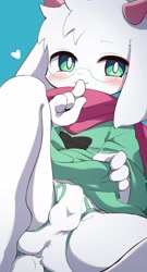 Size: 984x1824 | Tagged: suggestive, artist:shu, ralsei, goat, mammal, ungulate, anthro, boy, cub, male, solo boy, solo cub, solo male, young, deltarune, blushing, briefs, bulge, clothing, dress lift, floppy ears, fur, glasses, green eyes, horns, kemono, kemoshota, looking at you, smiling, smiling at you, solo, tail, underwear, undressing, undressing self, white fur