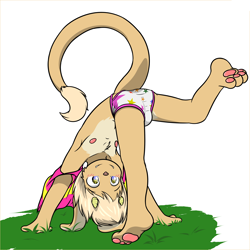 Size: 3500x3497 | Tagged: safe, artist:khaimera, oc:jun (khaimera), chimera, mythological creature, anthro, boy, cub, male, young, cel shaded, blushing, bulge, bulge from behind, clothing, fur, grass, handstand, horns, nipples, pawpads, solo, tail, tan fur, underwear