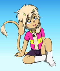 Size: 3500x4106 | Tagged: safe, artist:khaimera, oc:jun (khaimera), chimera, mythological creature, anthro, boy, cub, male, solo boy, solo cub, solo male, young, daydreaming, horns, open shirt, shorts, socks, socks without shoes, solo, tail