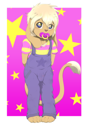 Size: 3500x5000 | Tagged: safe, artist:khaimera, oc:jun (khaimera), chimera, mythological creature, boy, cub, male, solo boy, solo cub, solo male, young, blushing, clothing, floppy ears, overalls, pacifier, pacifier in mouth, solo
