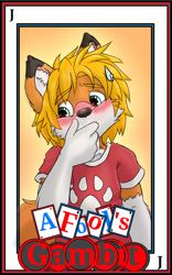 Size: 800x1280 | Tagged: safe, artist:kit hawkins, oc:kit hawkins, canid, fox, mammal, boy, cub, male, solo boy, solo male, young, comic:a fool's gambit, blonde hair, blue eyes, blushing, clothing, dipstick ears, dipstick tail, fully clothed, fur, hair, orange fur, solo, tail, tan fur