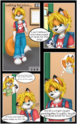 Size: 800x1280 | Tagged: safe, artist:kit hawkins, oc:kit hawkins, canid, fox, mammal, boy, cub, male, males only, young, comic:a fool's gambit, backpack, blonde hair, blue eyes, clothing, dipstick ears, dipstick tail, fur, hair, jeans, orange fur, pants, shoes, tail, tan fur