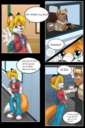 Size: 785x1179 | Tagged: safe, artist:kit hawkins, oc:kit hawkins, canid, fox, mammal, adult, adult/cub, adult/young, anthro, anthro/anthro, boy, cub, male, male/male, males only, man, man/boy, young, comic:a fool's gambit, age difference, backpack, blonde hair, blue eyes, bulge, bus, bus driver, clothing, coat, cub dom, dipstick ears, dipstick tail, dom, duo, fur, hair, hat, jeans, open fly, orange fur, pants, public transit, shoes, steering wheel, tail, tan fur, underwear, vehicle