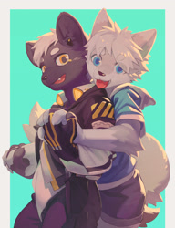 Size: 1380x1800 | Tagged: safe, artist:juo112, canid, felid, mammal, anthro, anthro/anthro, boy, boy/boy, boys only, cub, cub/cub, cubs only, male, male/male, males only, young, young/young, amber eyes, black fur, blue eyes, duo, fur, gray fur, gray hair, hair, kemono, kemoshota, looking at you, panting, smiling, tongue out