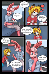 Size: 800x1214 | Tagged: safe, artist:kit hawkins, inkbunny, oc:kit hawkins, canid, fox, lagomorph, lapine, mammal, rabbit, adult, adult/cub, adult/young, anthro, anthro/anthro, boy, cub, male, male/male, males only, man, man/boy, young, comic:a fool's gambit, inkbunny.net, age difference, blonde hair, bribing, cargo shorts, clothing, dipstick ears, dipstick tail, duo, fur, game box, gaming, hair, hoodie, orange fur, pants, pink fur, pink hair, tail, tan fur