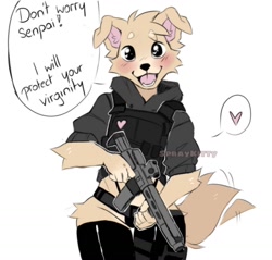 Size: 1280x1224 | Tagged: safe, artist:spraykitty, canid, dog, mammal, anthro, boy, male, slender, solo boy, solo male, solo teen, teen, twink, young, blushing, dialogue, english text, fang, floppy ears, fur, gun, heart, solo, tail, talking to you, tan fur, teeth, wagging tail, weapon