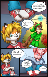 Size: 800x1280 | Tagged: safe, artist:kit hawkins, inkbunny, link, zelda, oc:kit hawkins, oc:wagner mutt, canid, dog, fox, lagomorph, lapine, mammal, rabbit, adult, adult/cub, adult/young, anthro, anthro/anthro, boy, cub, male, male/male, males only, man, man/boy, young, comic:a fool's gambit, inkbunny.net, legend of zelda, age difference, blonde hair, brown fur, clothing, dipstick ears, dipstick tail, duo, fur, green tunic, hair, orange fur, pink fur, pink hair, shield, shoes, socks, sword, tail, tan fur, weapon