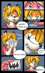 Size: 800x1280 | Tagged: safe, artist:kit hawkins, inkbunny, oc:kit hawkins, canid, fox, lagomorph, lapine, mammal, rabbit, adult, adult/cub, adult/young, anthro, anthro/anthro, boy, cub, male, male/male, males only, man, man/boy, young, comic:a fool's gambit, inkbunny.net, age difference, blonde hair, blue eyes, card game, clothing, dipstick ears, dipstick tail, duo, fur, hair, orange fur, pink fur, pink hair, playing cards, tail, tan fur