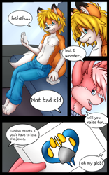 Size: 800x1280 | Tagged: safe, artist:kit hawkins, inkbunny, oc:kit hawkins, canid, fox, lagomorph, lapine, mammal, rabbit, adult, adult/cub, adult/young, anthro, anthro/anthro, boy, cub, male, male/male, males only, man, man/boy, young, comic:a fool's gambit, inkbunny.net, age difference, barefoot, blonde hair, blue eyes, bribing, card game, clothing, dipstick ears, dipstick tail, duo, fur, gambling, gaming, hair, jeans, laughing, orange fur, pants, pink fur, pink hair, playing cards, tail, tan fur