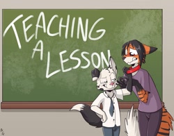 Size: 1280x1006 | Tagged: safe, artist:fuf, hybrid, adult, adult/cub, adult/young, boy, cub, male, male/male, males only, young, comic:teaching a lesson, age difference, chalkboard, clothing, collar, fur, pants, scared, striped tail, tie, tugging collar, white fur