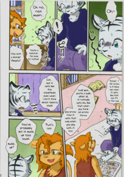 Size: 874x1240 | Tagged: suggestive, artist:mikazuki karasu, big cat, cougar, felid, mammal, tiger, cub, male, males only, young, comic:the greater contains the less, colored, translated, aroused, fur, kemono, kemoshota, porn magazine, stripes, tan fur, white fur